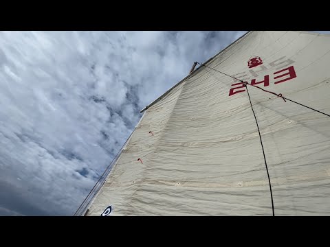 Scamp #243 self-steering. Gourmet meal in the lee of an island.