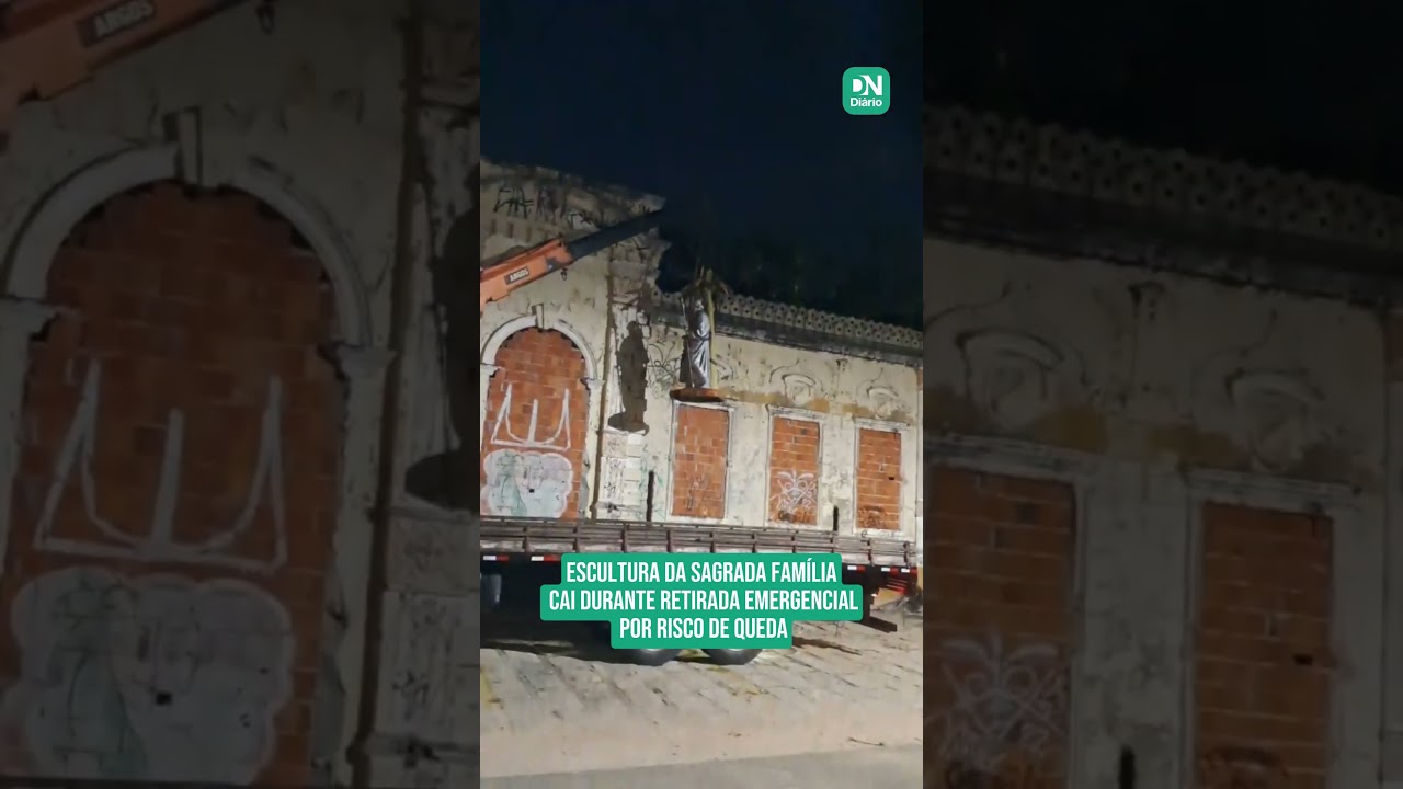 Imagem da notícia Imagem da Sagrada Família despenca durante retirada de prédio centenário em Fortaleza; veja vídeo
