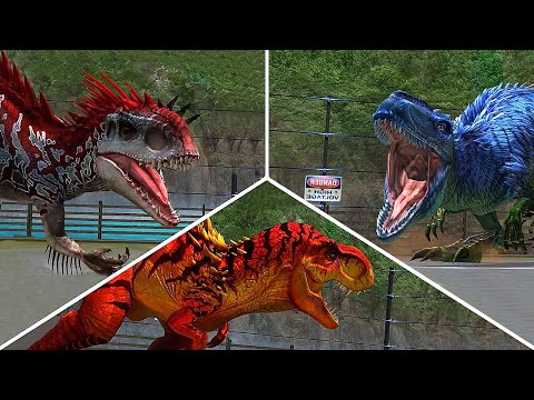 TYRANNOSAURUS REX VS INDOMINUS REX VS YUTYRANNUS - BATTLE || JURASSIC WORLD THE GAME