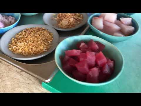 Chef Abdulla Sabah makes Tuna Kirugarudhiya (Coconut and bouillon) soup at Maldivian cooking class.