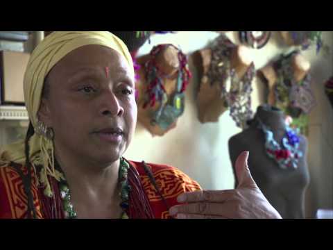 Joyce J. Scott on her necklace with a strong message