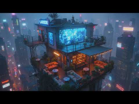 🎵 Calm Rain in Skyline Loft: Lightning Storms above the Neon City of Light | Ambient Music