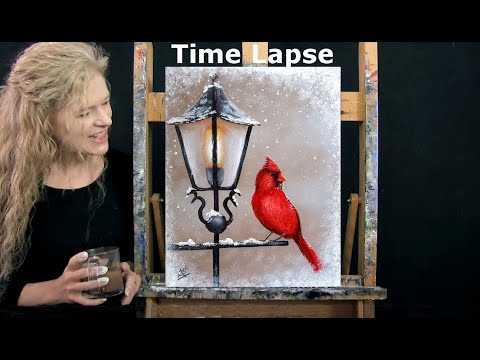 TIME LAPSE - Learn How to Paint WINTER CARDINAL with Acrylic - Animal Portrait Step by Step Lesson