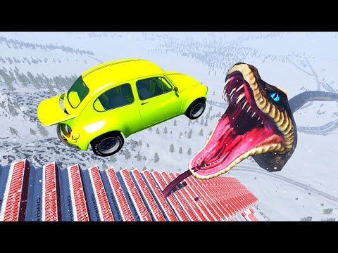 Jump Cars at high speed from ladder into Giant Snake! - BeamNG.Drive
