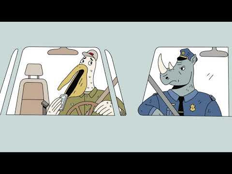 An animated pelican in a car talking to a Rhino police officer