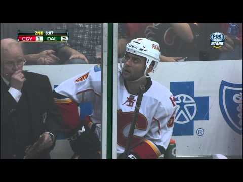 Mark Giordano slewfoot on Antoine Roussel Feb 17 2013 Calgary Flames vs Dallas Stars NHL Hockey