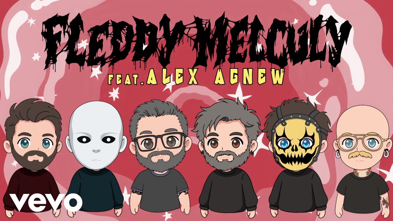 Still from the official video for COMPLOT (PINKER PART 2) by Belgian metal band Fleddy Melculy with Alex Agnew