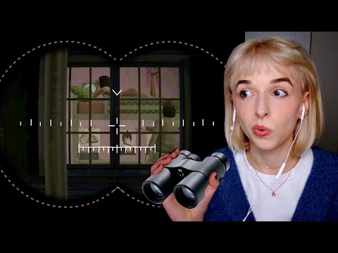 looking through people's windows at night with binoculars