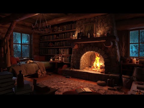 Cozy Hut Ambience - Thunder Night Rain & Warm Fireplace