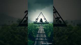 An extreme close-up showcases a geometric logo inspired by a motorcyclist on a high wooden bridge