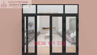 Cửa đi mở quay 4 cánh nhôm Xingfa Quảng Đông tem đỏ màu đen tuyền bản lề 4D