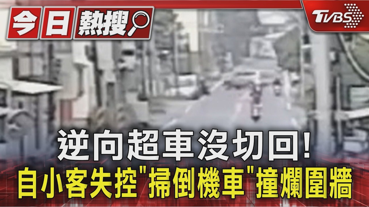 逆向超車沒切回! 自小客失控「掃倒機車」撞爛圍牆｜TVBS新聞 @TVBSNEWS01