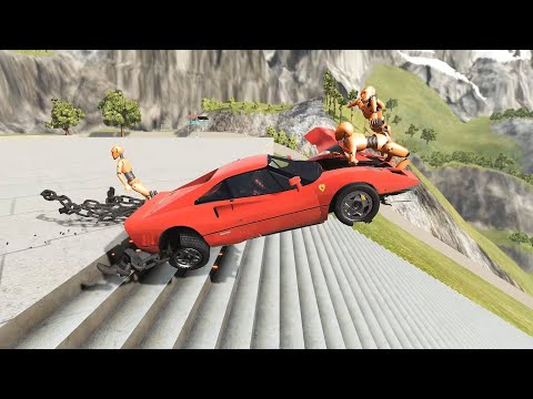 Stairs Jumps Down With Crash Test Dummy & Giant Chain & Car Jump Arena - BeamNG.drive