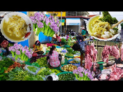 Walkthrough Ta Khmao Thmei food market, massive morning food market scenes, eat rice noodle soup