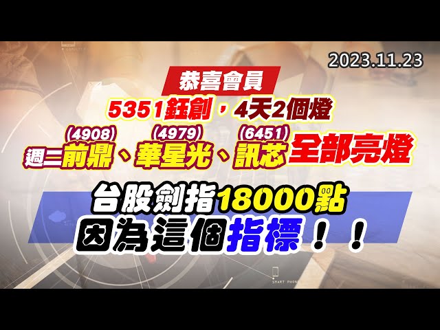20231123《股市最錢線》#高閔漳 “恭喜會員，5351鈺創，4天2個燈；周二4908前鼎、4979華星光、6451訊芯全部亮燈””台股劍指18000點，因為這個指標！！”