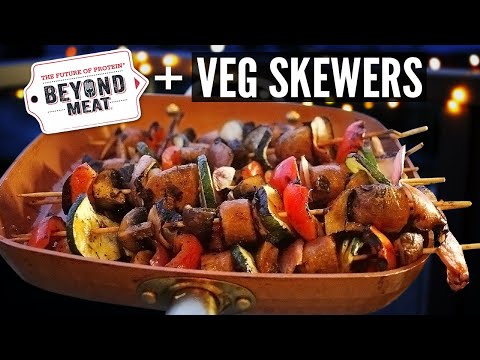 Veggie Skewers and Beyond Meat Sausages on the Grill