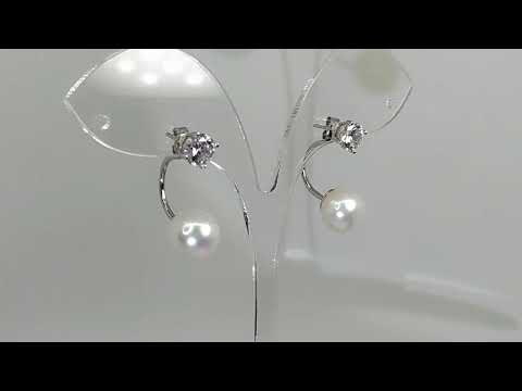 Серебряные серьги-трансформеры 2 в 1 с китайским белым жемчугом 9 мм и фианитами класса ААА - фото 1 - id-p2890102055