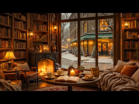 Calm Winter Café by the Fireplace ❄️ Relaxing Jazz Ambience & Crackling Fireplace for Focus & Study