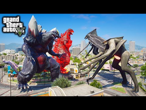 SpaceGodzilla, Shin Godzilla Vs Muto Female, Muto Male Battle ( GTA V Mods )