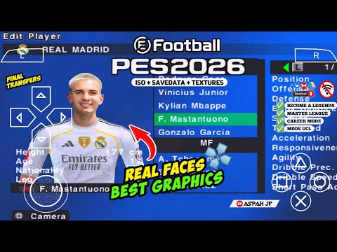 eFootball PES 2026 PPSSPP Android Offline Full Update UCL & League Kits 25/26 Season 4k Graphics