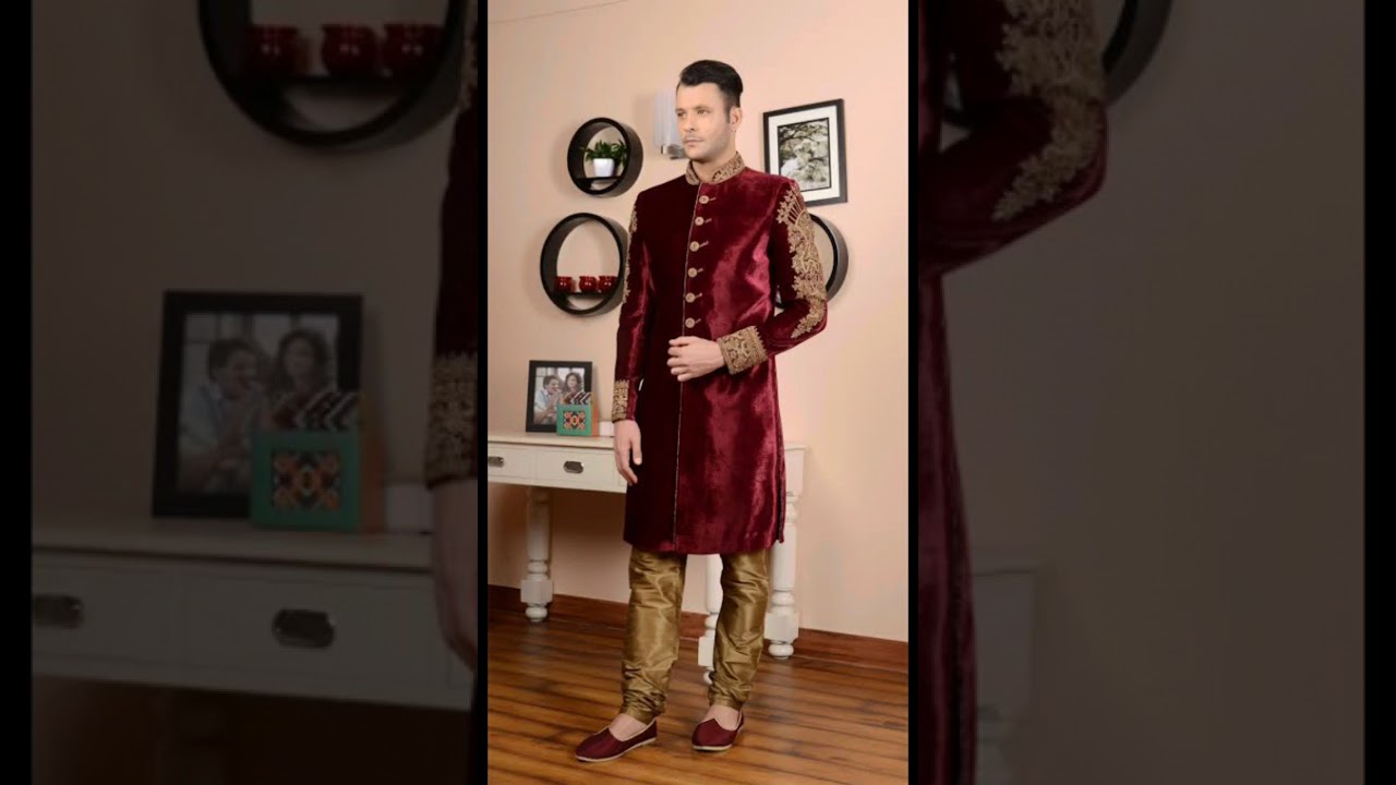Red velvet zari embroidery sherwani for groom