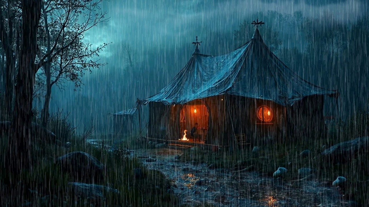 Rain Sounds for Sleeping in a Cozy Tent | Fireplace & Forest Night Ambience | Pioggia, 수면영상