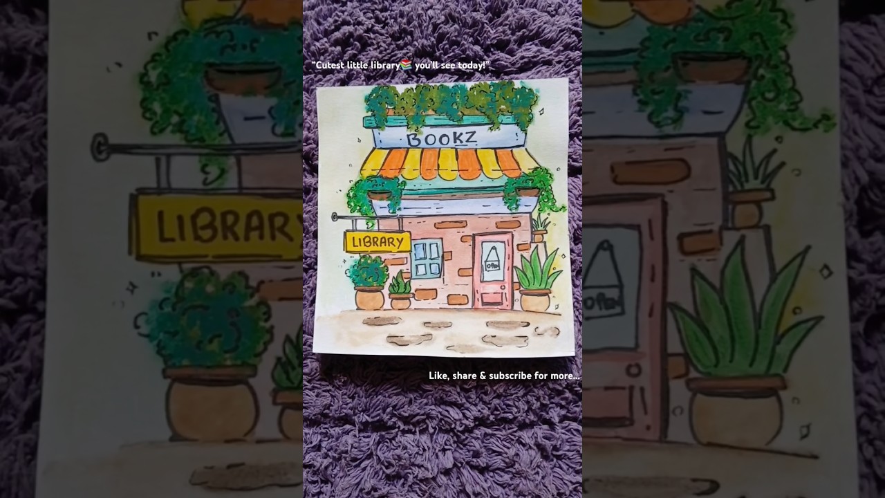 Cozy bookshop📚+cute plants🪴= art therapy!🧠 #watercolorpainting #library #bookshop #plants #soothing