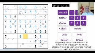 12 givens in a Sudoku - and a few lines??! This is Diagonal Consecutive Sudoku
