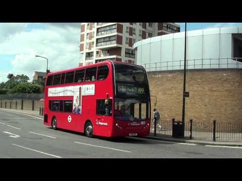 (HD) London buses on routes 1, 381 & 199 arrive at Canada Water