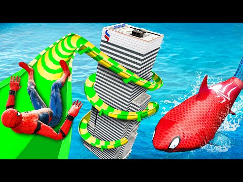 GTA 5 Water Slides | Spider-Shark vs SPIDERMAN Jumps/Fails (Ragdolls & Funny Moments) #3