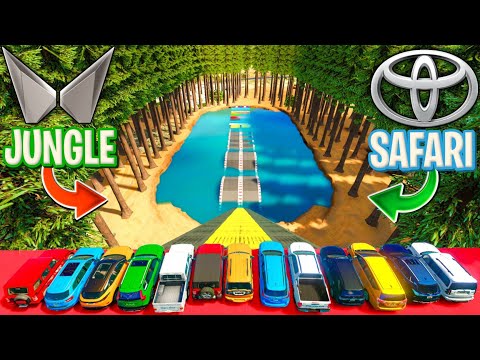 GTA 5: MAHINDRA Cars Vs TOYOTA Cars | Jungle Safari Lake Cross Ramp | Shocking Results | GTA 5 MODS!
