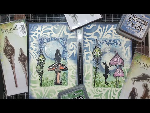 #Lavinia Stamps with Nuvo Shimmer powder on a Gelliplate - two mixed media, whimsical easter cards!