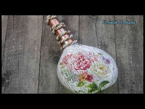 Botella reciclada con decoupage y craquelado Diy manualidades