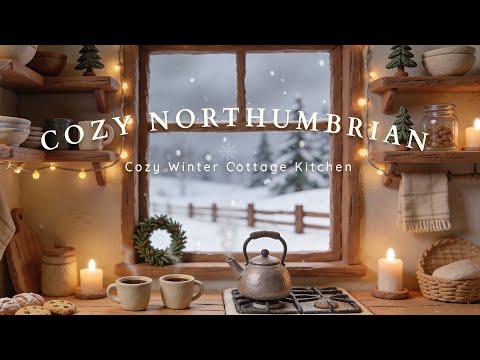 Cozy Winter Cottage Kitchen — snowfall and warm lights ambience