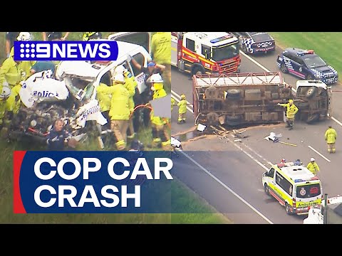 Highway patrol cop fighting for life after crash | 9 News Australia