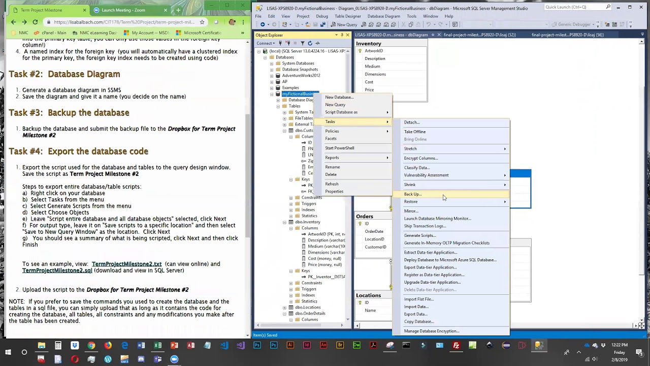 tasks2 through 4 creating db diagram db backup and generating scripts