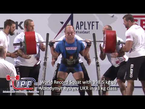 World Record Squat with 398.5 kg by Volodymyr Rysiyev UKR in 93 kg class