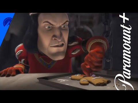 Lord Farcuad queriendo arrancarle los botones de gomita a Jengi.