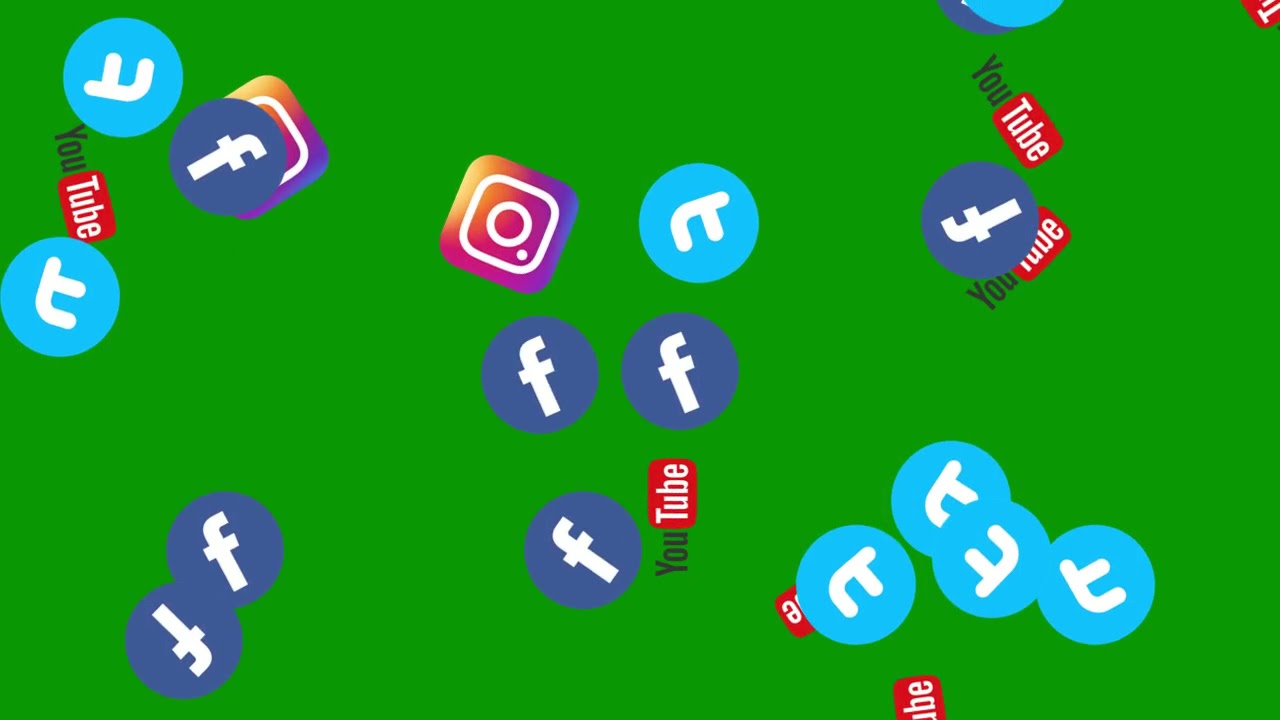 Top Social Media Logos Falling Free Green Screen : Facebook, YouTube, Instagram, Twitter Icons