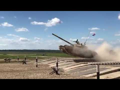 Indian Army T-90 Bhishma flying in Tank Biathlon held in Russia.