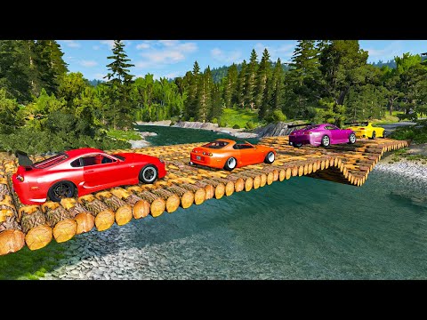Cars vs Log Bridge with Reverse Speed Bumps - BeamNG Drive