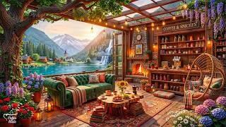 Lakefront Cabin Jazz Reverie for Focus & Stay Calm 🌲~ Gentle Music with Mountain & Waterfall