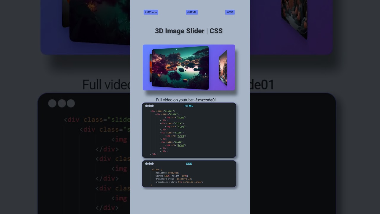 🔥 3D Image Slider Tutorial: Pure CSS Magic for MZCode01 Developers 🚀 #css #webdesign #coding #shorts