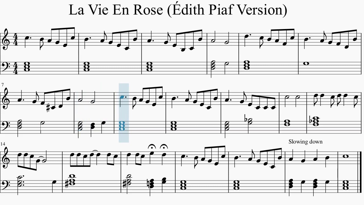 La Vie En Rose - Easy Piano Sheet Music For Intermediate Players