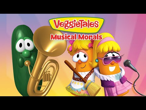 VeggieTales Musical Morals cover with two singing carrot characters, a tuba, and a microphone on a colorful stage.