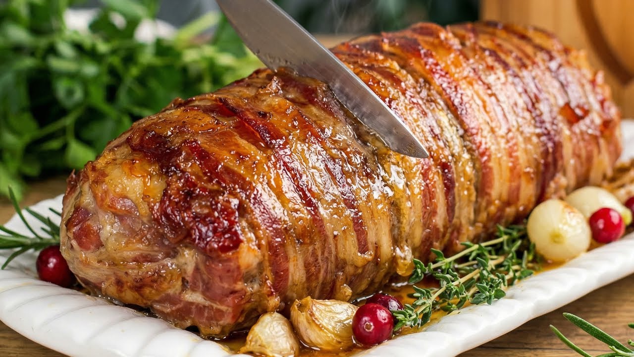 Surprise your guests at Christmas dinner! Juicy Stuffed Pork Loin in bacon.
