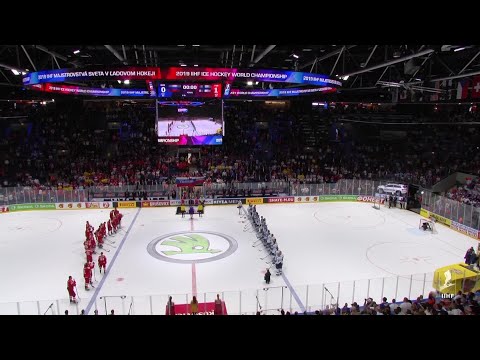 Finland sings their national anthem after a 1-0 win over Russia