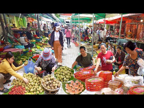 Cambodian Fresh Market Food In A Daily Life, Sugar Apple, Moon Cake, Fruits & More