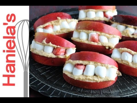 How To Make  Dracula Apple Teeth for Halloween, Peanut Butter Dip Recipe