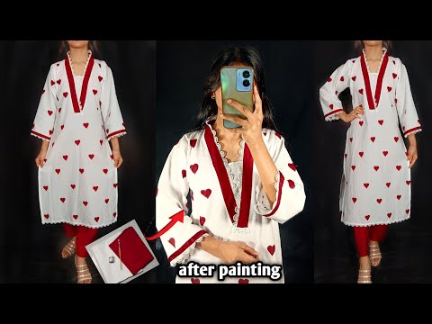 Hand painted most viral pakistani heart set  kurti cutting and stitching/Instagram viral kurti /DIY